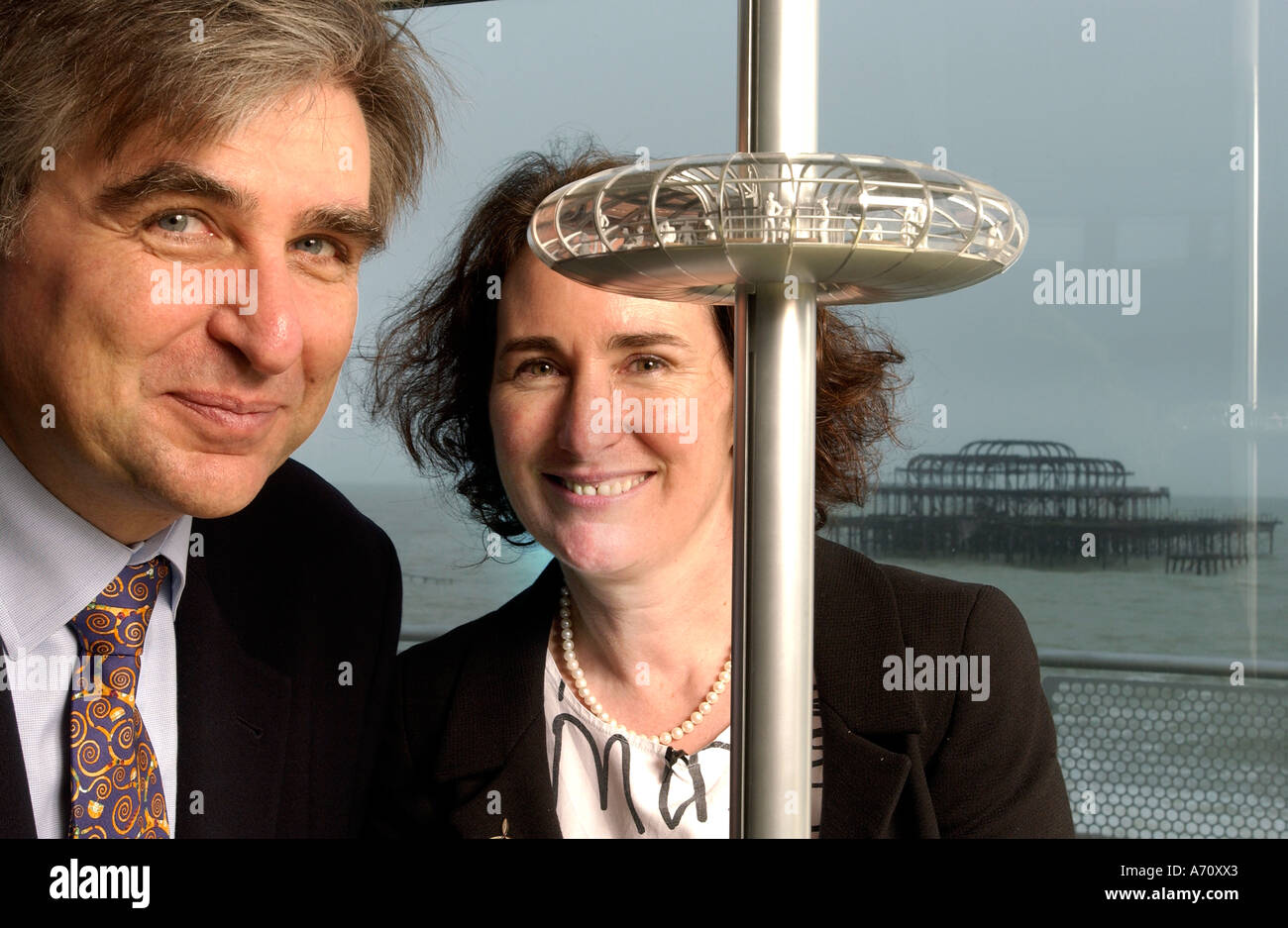Architects David Marks and Julia Barfield  designers of the London Eye with model of  the 600ft tower they plan for Brighton Stock Photo