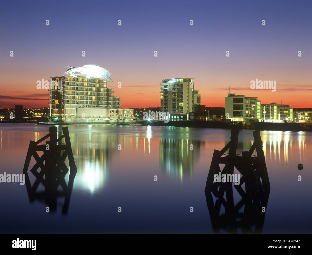 St Davids Hotel and Apartment Buildings at Sunset Cardiff Bay South Wales Stock Photo Alamy