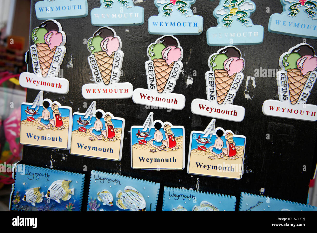 Weymouth Souvenir Badges outside shop in Weymouth Dorset England Stock