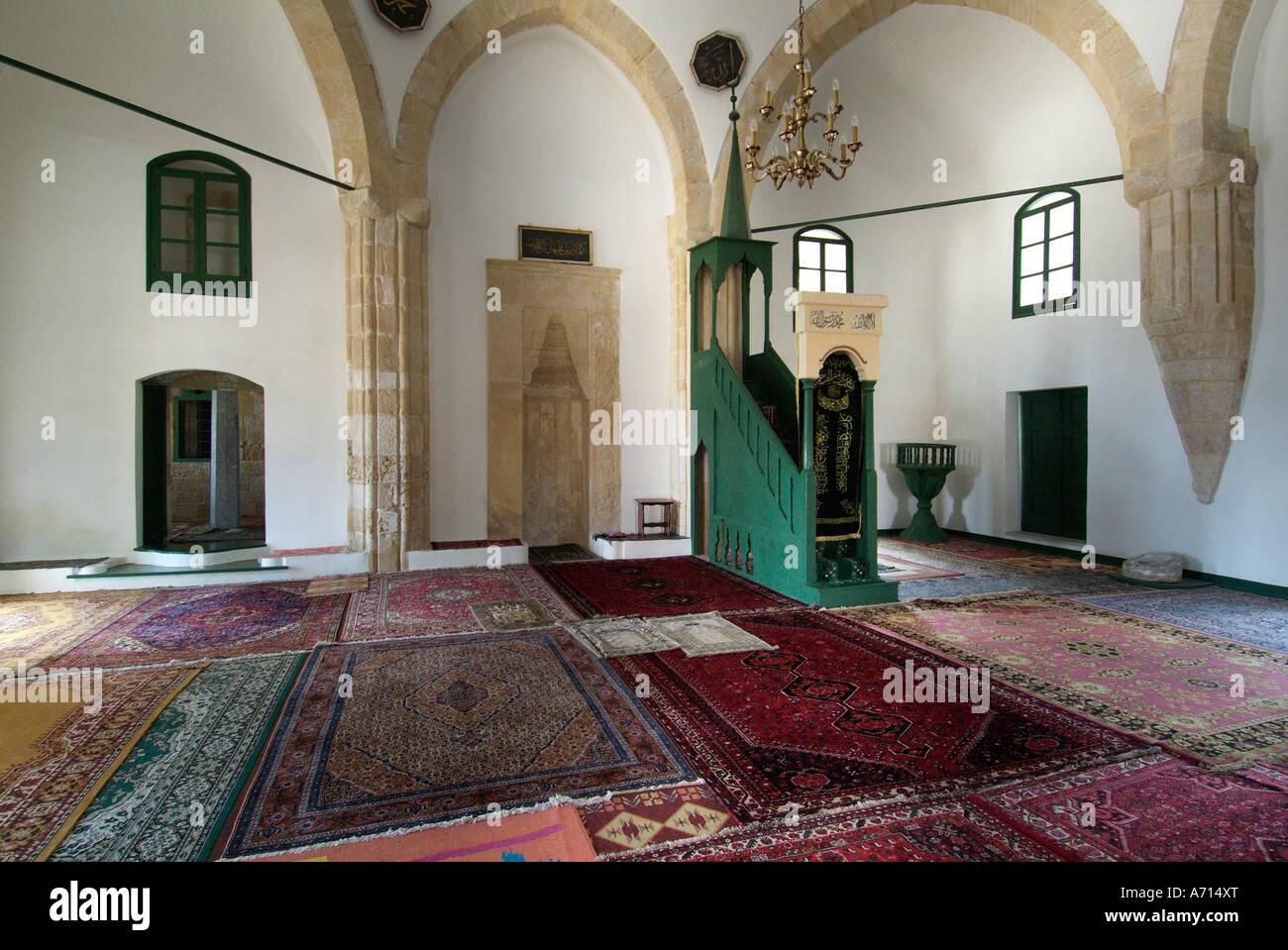 Larnaca hala sultan tekkesi mosqe  interior carpet rug oriental muslim Mohammedan islam Islamic Cyprus Cypriot Greek Greece Stock Photo