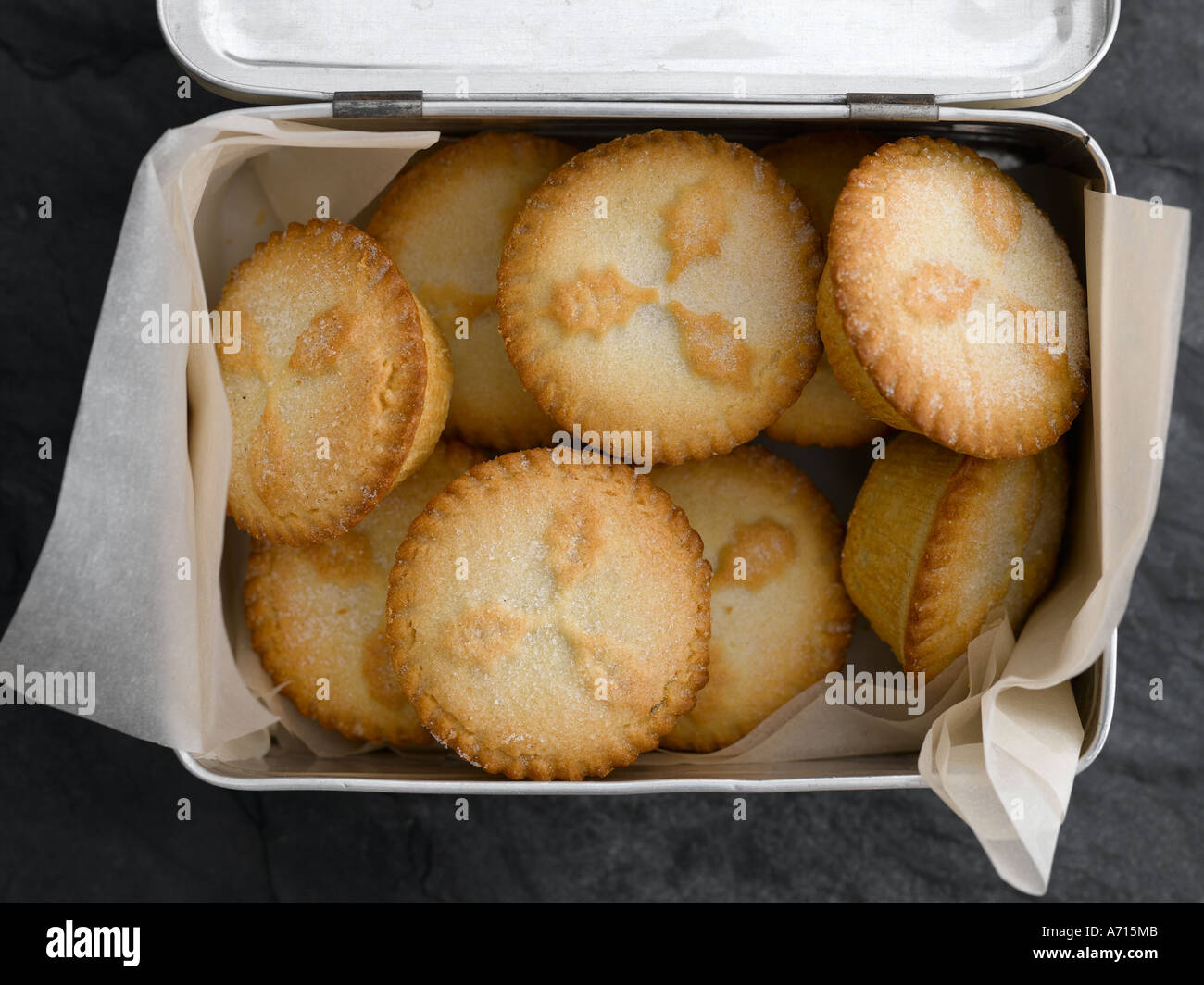 Mince pies in metal tin - high end Hasselblad 61mb digital image Stock Photo