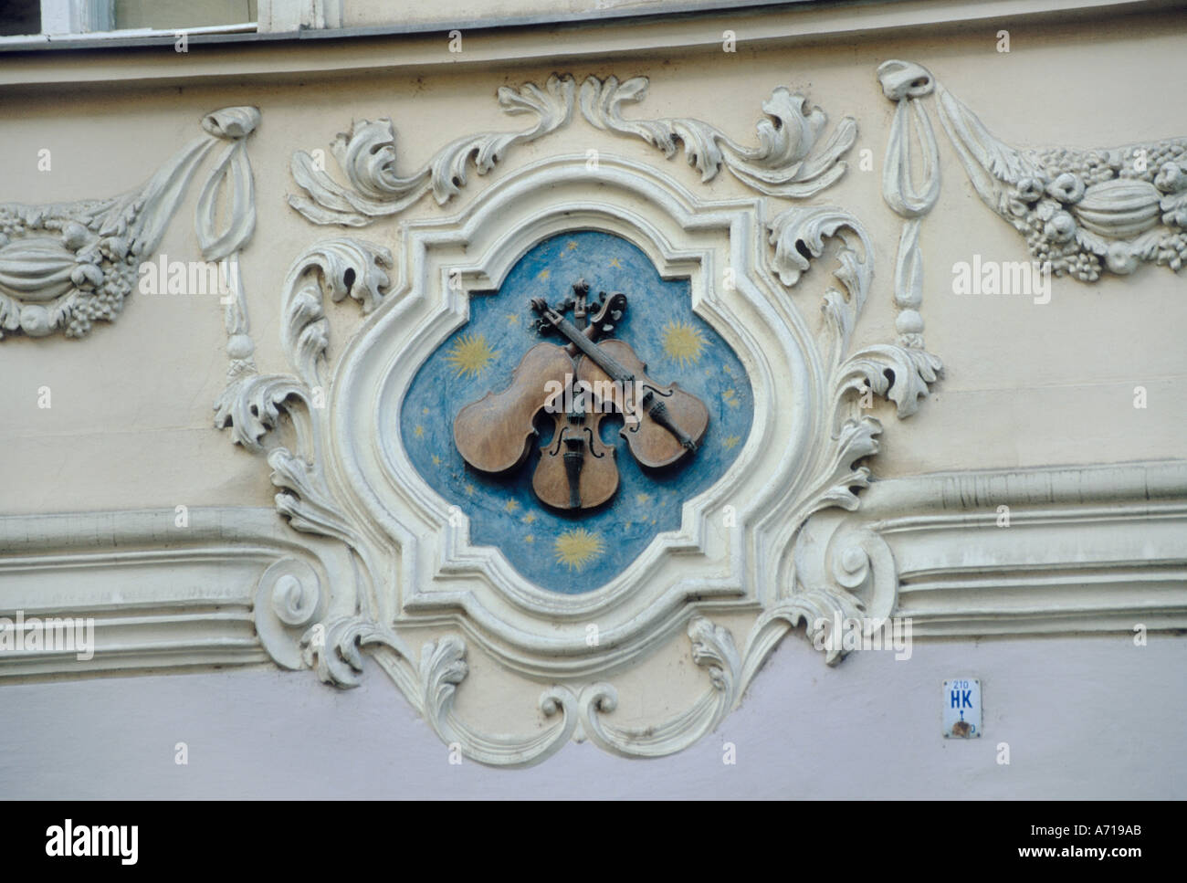 At the Three Little Fiddles house sign on Nerudova Street Prague Czech Republic Stock Photo