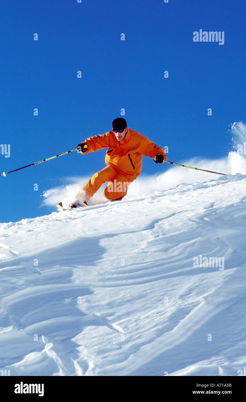 Telemark or free heel skier in high action run Stock Photo