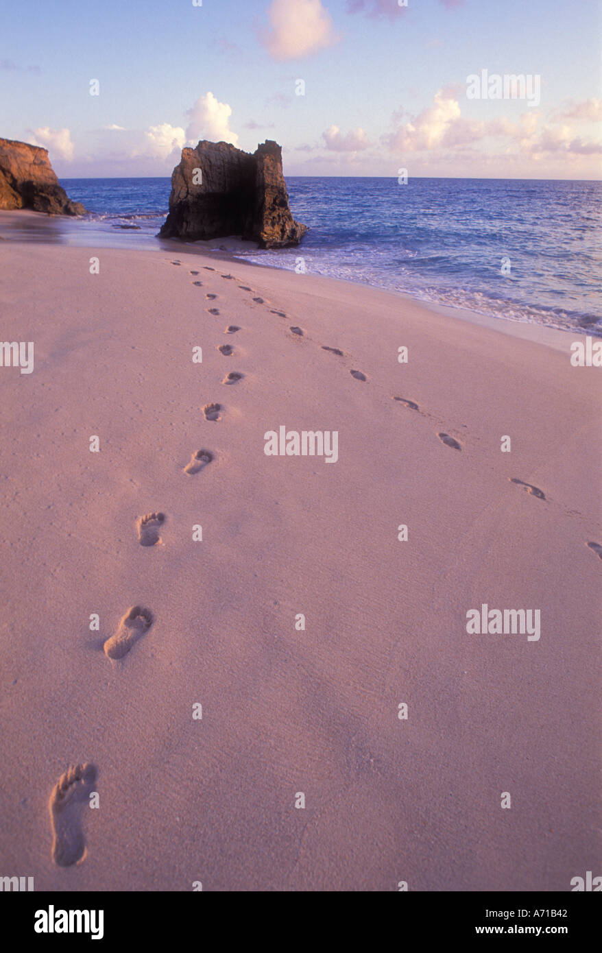 Footsteps on Cupecoy Beach on the island of Sint Maarten Dutch West Indies Caribbean Stock Photo