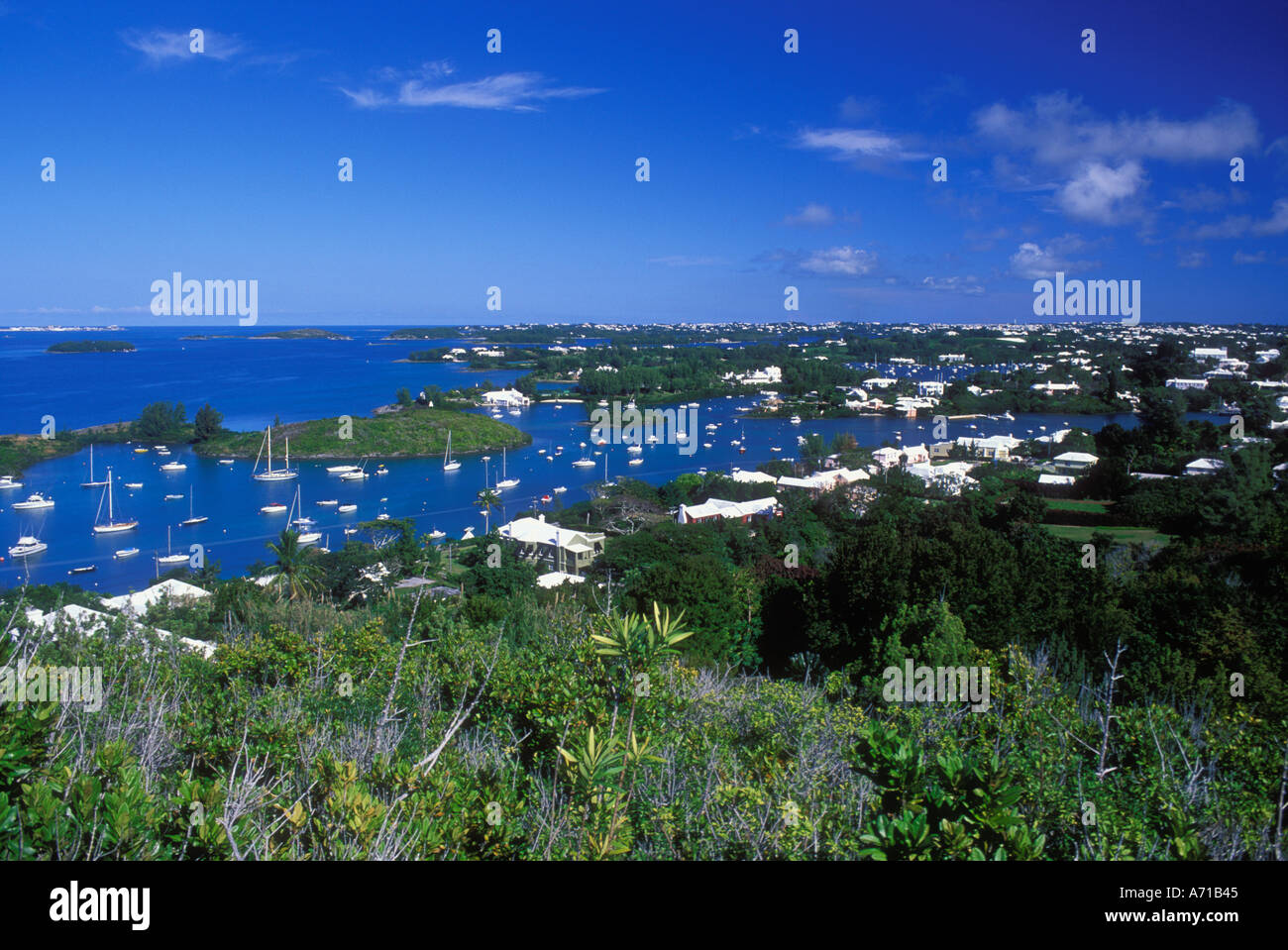 Overview of boats in bay in Bermuda Stock Photo