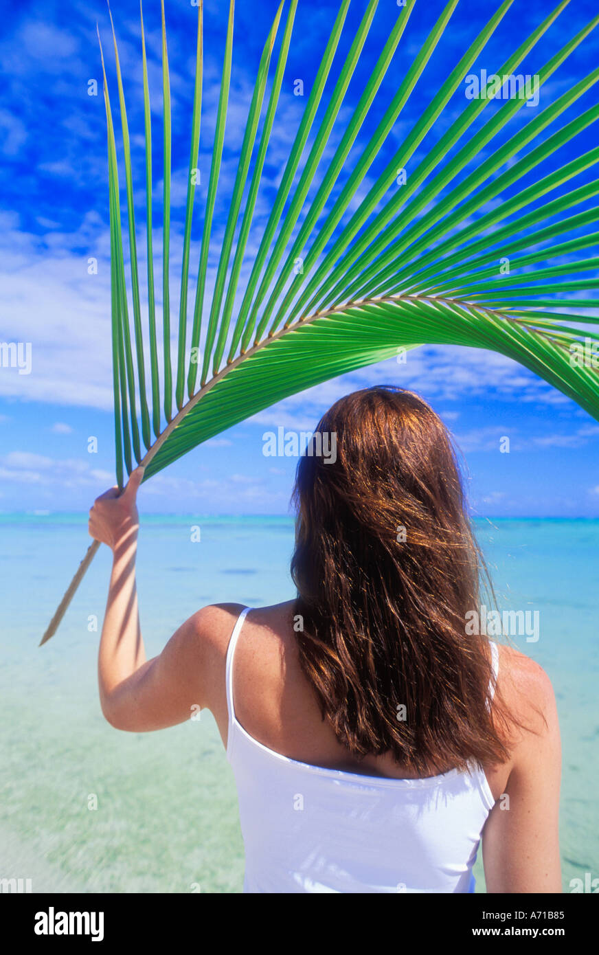 Woman holding coconut palm frond over head Aitutaki Lagoon Cook Islands South Pacific Ocean model released image Stock Photo