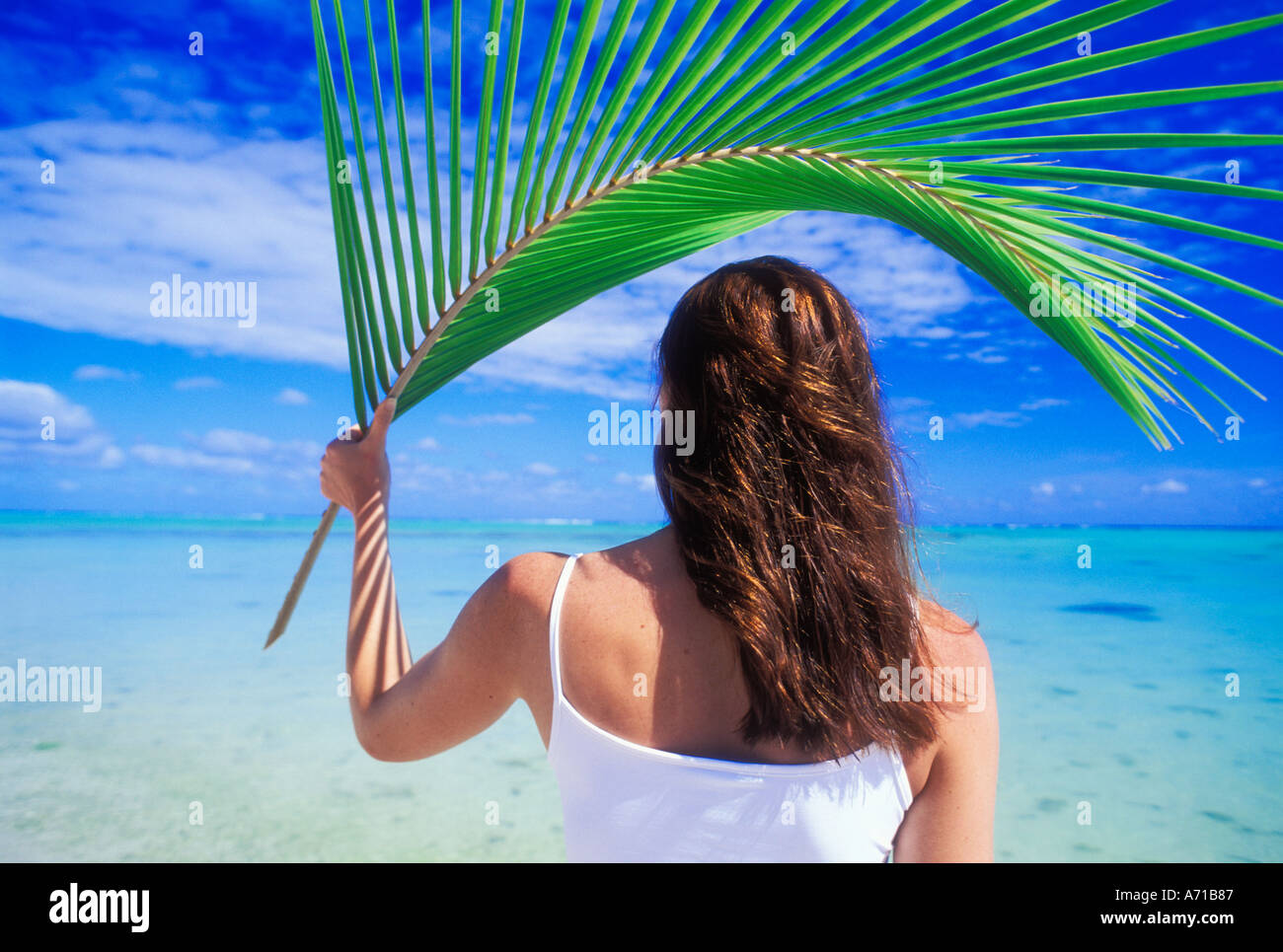 Woman holding coconut palm frond over head Aitutaki Lagoon Cook Islands South Pacific Ocean model released image Stock Photo