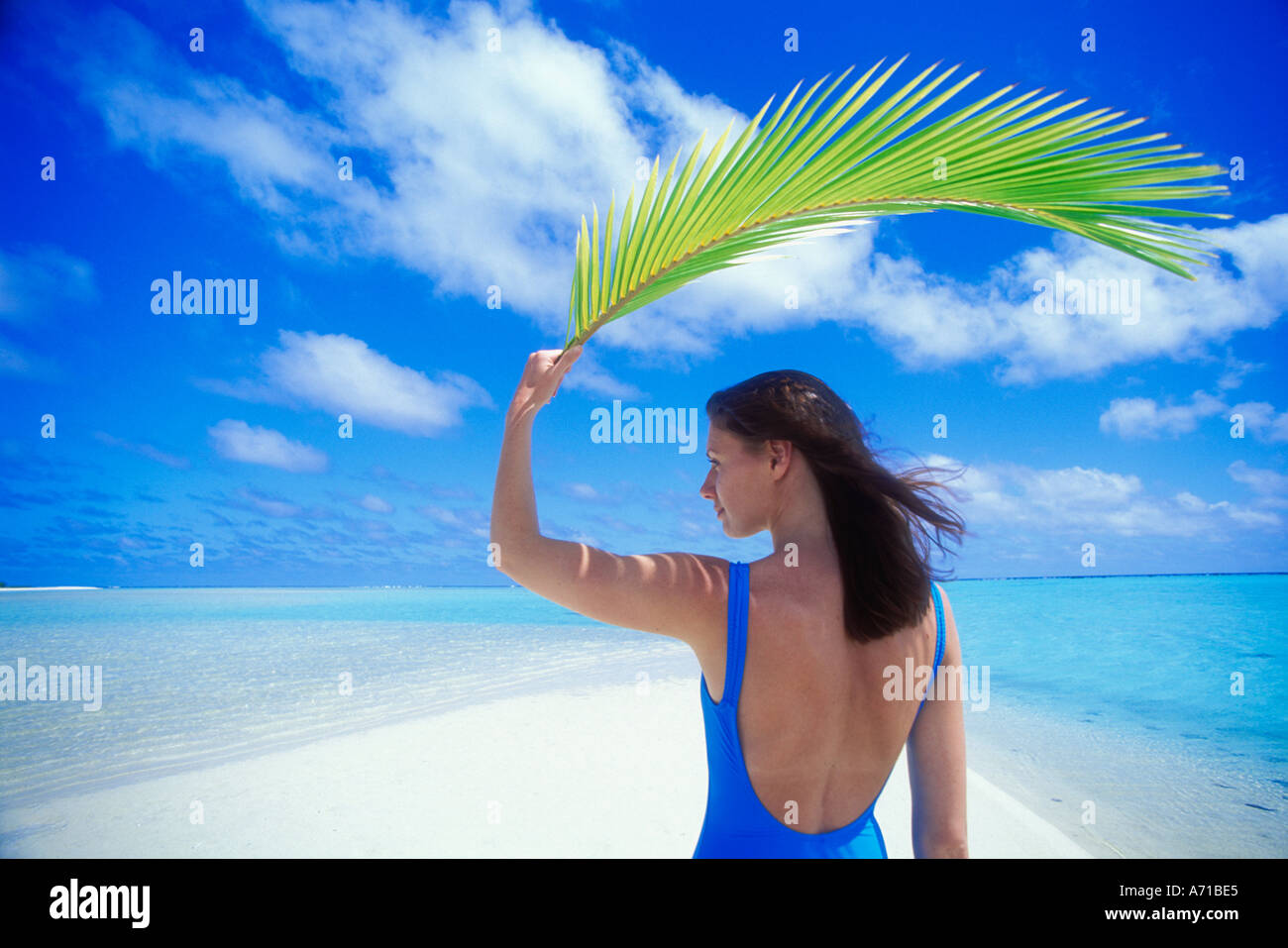 Woman in swimsuit using palm frond for shade Aitutaki Lagoon Cook Islands South Pacific Ocean model released image Stock Photo