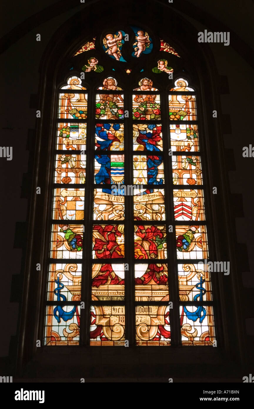 Stained glass window in Protestant Gothic Great Church of St Bavo in