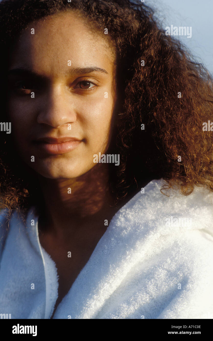 Portrait of black woman in white towel model released image Stock Photo