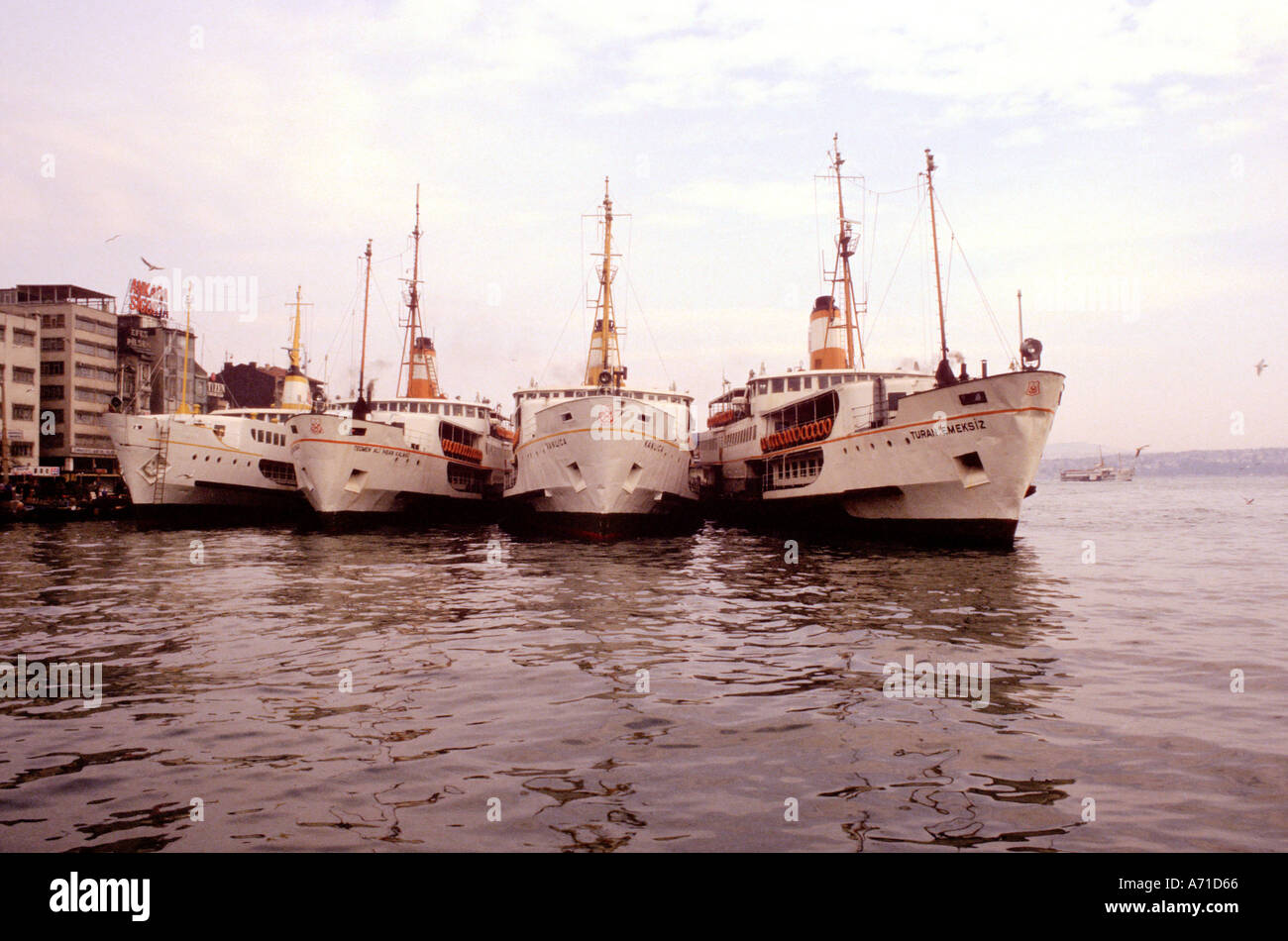 Four ferries tied up Istanbul Stock Photo