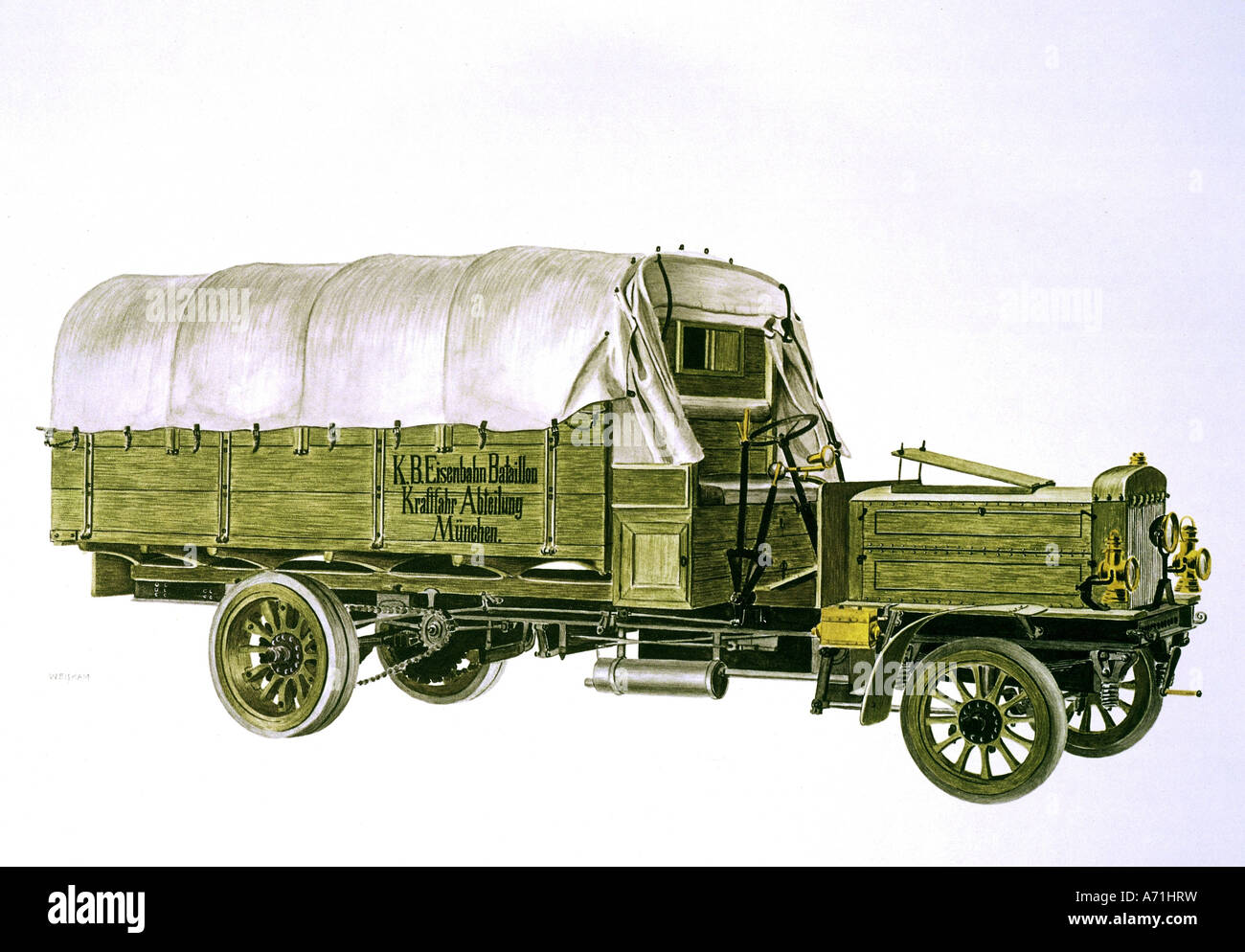transport/transportation, trucks, Büssing 1908 of the Bavarian Army, drawing by Weiskam, Germany, 20th century, historic, historical, Bussing, Buessing, truck, lorry, 1900s, Stock Photo