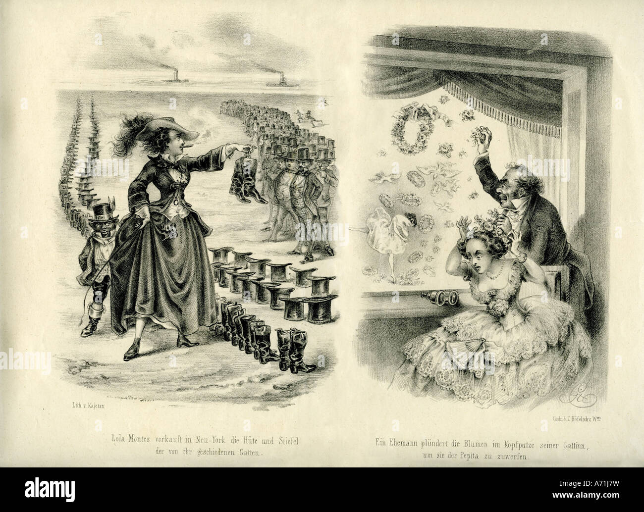 theatre, satire, "Some foolery of the year 1953, Number 1", left: Lola  Montez selling in New York the hats and boots of her divorced husbands,  right: A husband is pillaging the fowers