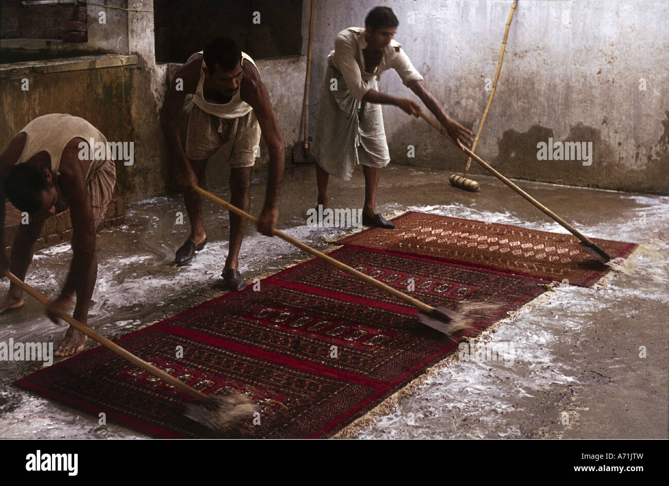 people, profession, Pakistan, worker cleaning carpets, job, knot, rug, production, oriental, work, handcraft, craft, knotting, c Stock Photo