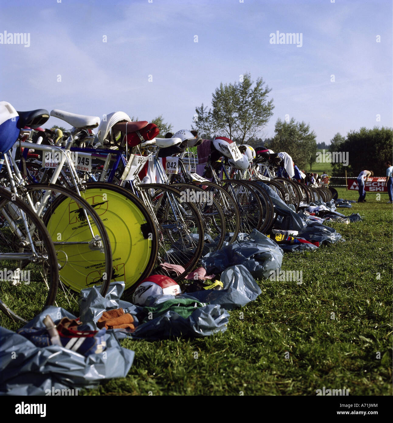 leisure / sports, triathlon, several bikes, Welzheim, Baden-Wuerttemberg, July, 1988, bike, bicycle, bicycles, racing, Baden Wue Stock Photo