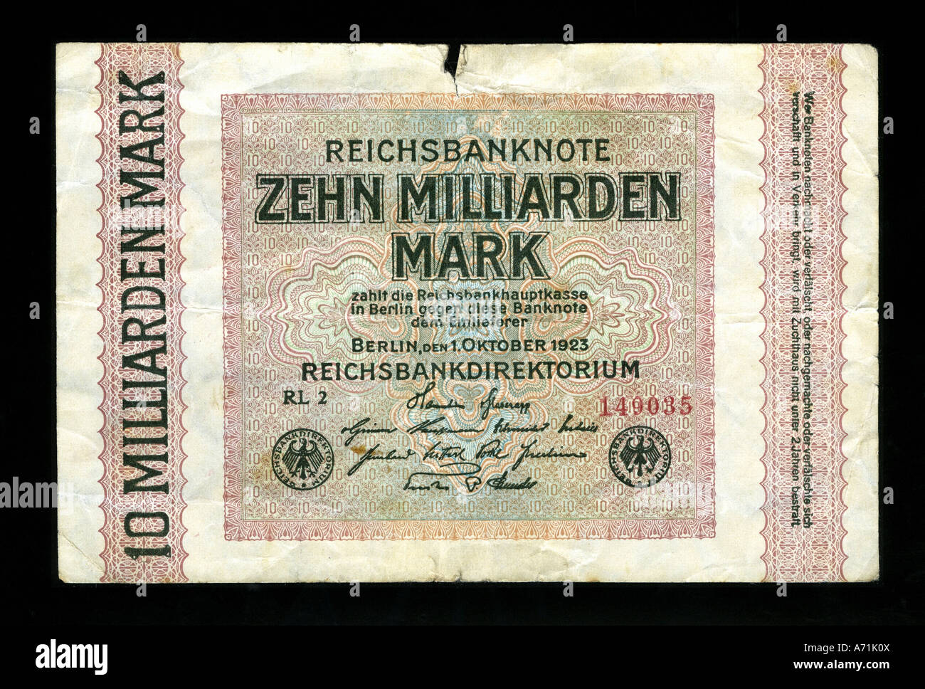money/finance, bank notes, Germany, inflation, '10 Milliarden Mark', ten billion mark, issued Berlin 1.10.1923, Weimar Republic, 20th century, numismatics, , Stock Photo