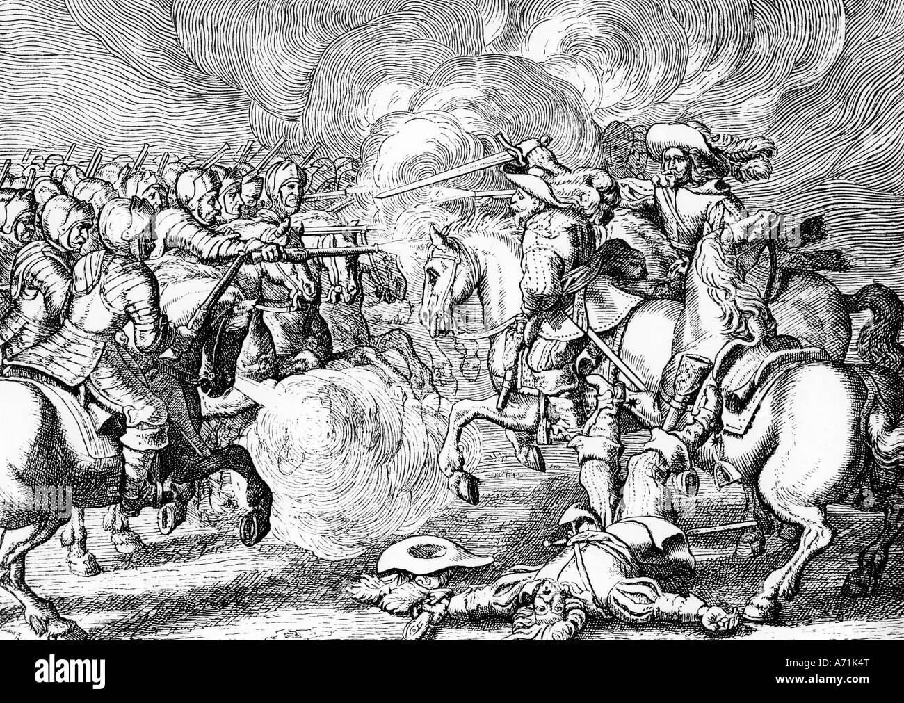 events, Thirty Years War 1618 - 1648, Swedish intervention 1630 - 1635, Battle of Lützen 16.11.1632, death of King Gustavus Adolphus of Sweden, contemporary engraving, cavalry fight, Saxony, Germany, 17th century, historic, historical, Wasa, people, Stock Photo