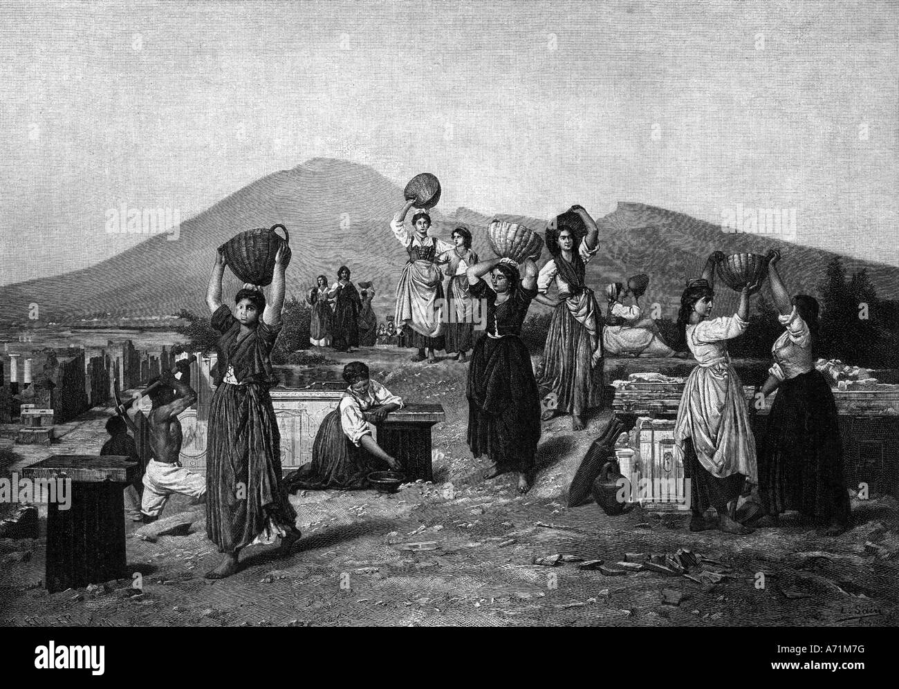 geography / travel, Italy, Pompeii, archaeology / archeology, excavation, 19th century, engraving after painting by Edouard Sain (1830 - 1910), historic, historical, Europe, excavations, women, work, baskets, Pompei, unskilled workers, Pompeji, Pompej, UNESCO World Cultural Heritage Site / Sites, people, ancient world, Stock Photo