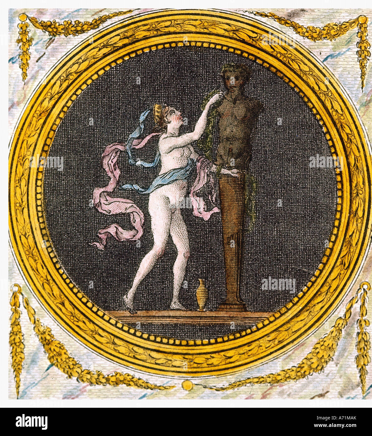 love, sex and eroticism, Roman Empress Valeria Messalina, (circa 25 AD - 48  AD), worshiping Priapus, coloured engraving, page 14 Stock Photo - Alamy