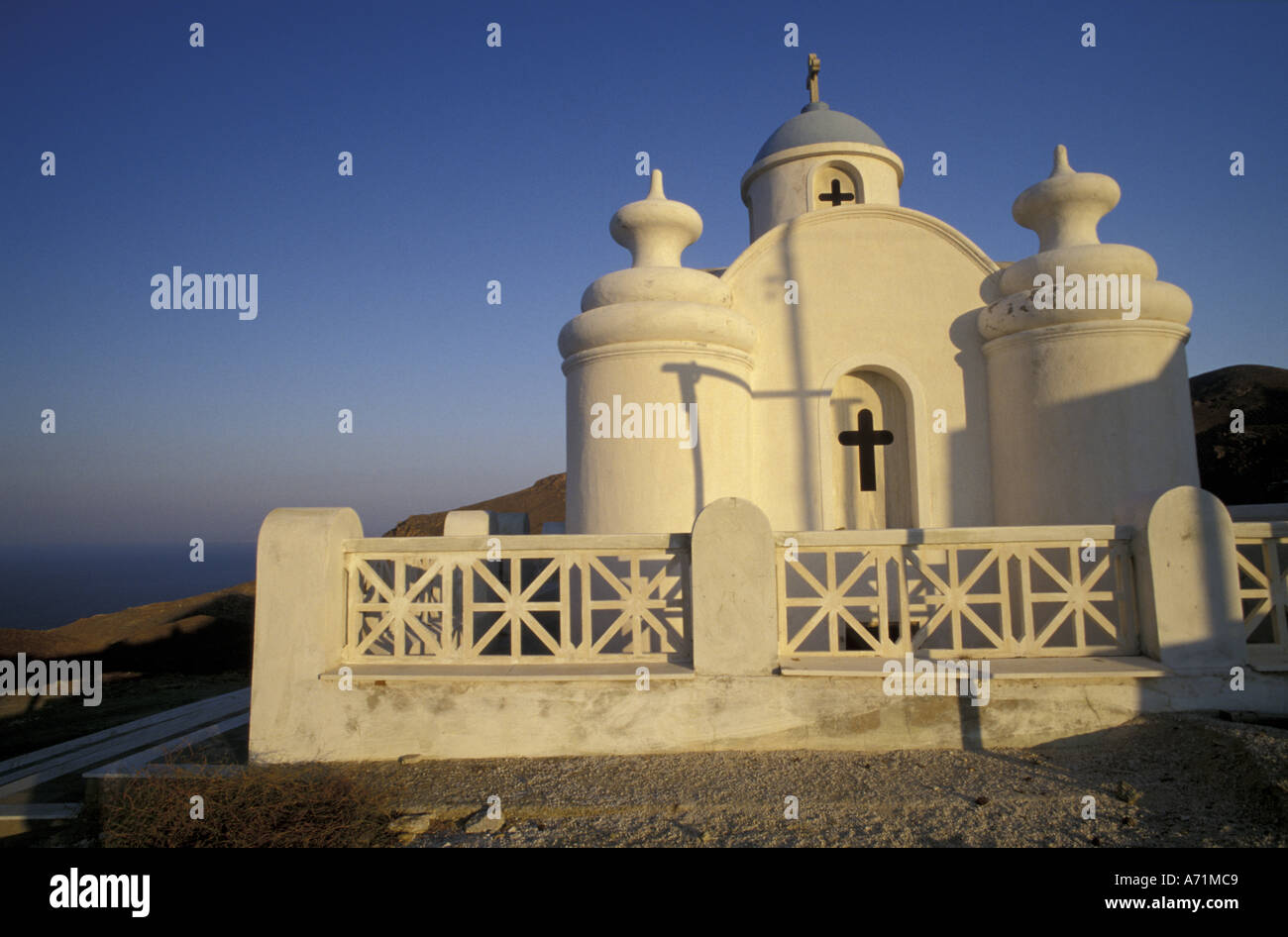 Europe, Greece, Cyclades Islands, Anafi. Agios Spiridon Church in the sunset light Stock Photo