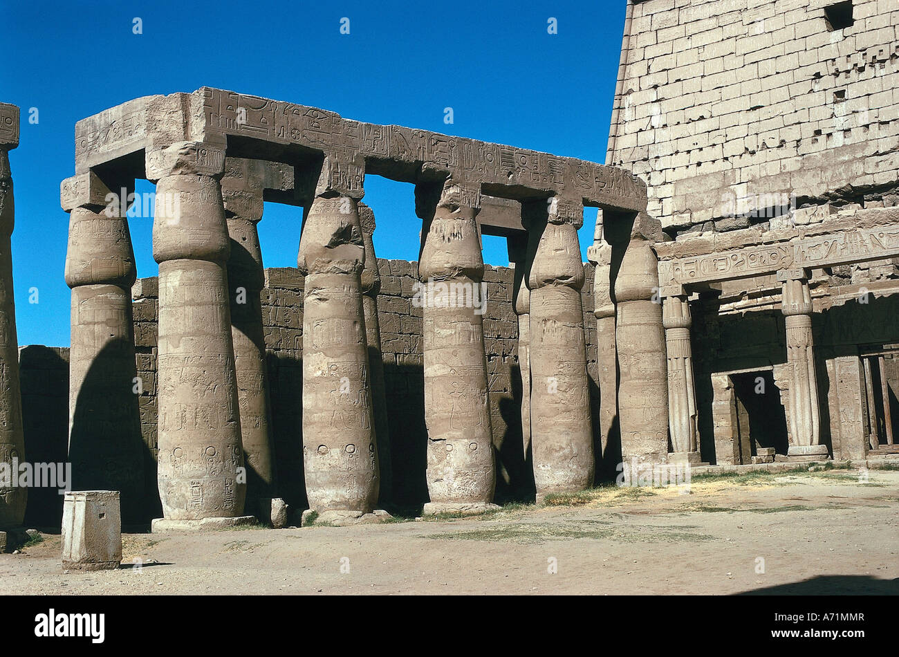 geography / travel, Egypt, Luxor, temple of Amun-Ra, court of King Ramesses, Ramses II., (reigned approx. 1290 - 1224 BC, 19th dynasty), columns, part of complex of god Amon-Re in capital Thebes, column, papyrus, new empire, antiquity, religion, column court, architecture, historical, historic, ancient, pharaoh Ramesses, Ramses the great, inner courtyard, Amun Ra, nineteenth, Amon re, , Stock Photo