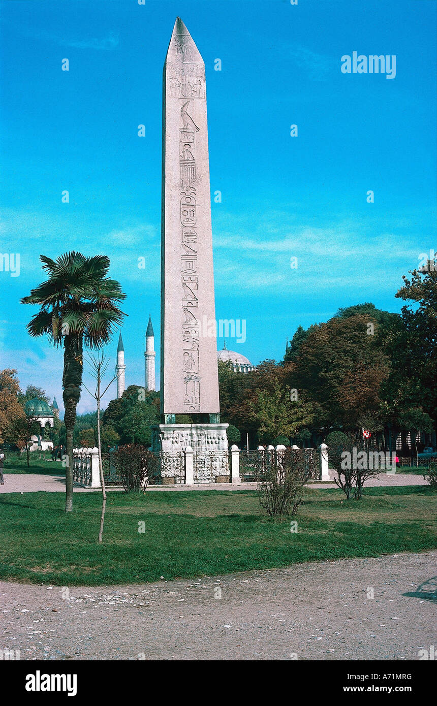 geography / travel, Turkey, Istanbul, monuments, obelisk of emperor Theodosius I. (reigned 379 - 395 AD), field of the former hippodrome of Constantinople, Egyptian obelisk from Heliopolis, made under pharaoh Thutmosis III. around 1500 BC, brougt to Constantinople by emperor Julianus Apostata (reigned 361 - 363 AD), turn brand of the horse race track, column, hieroglyphs, antiquity, Byzantine empire, Byzantium, fine arts, relief, park, UNESCO, World Heritage Site, historical, historic, ancient, Julian, Thutmose, , Stock Photo