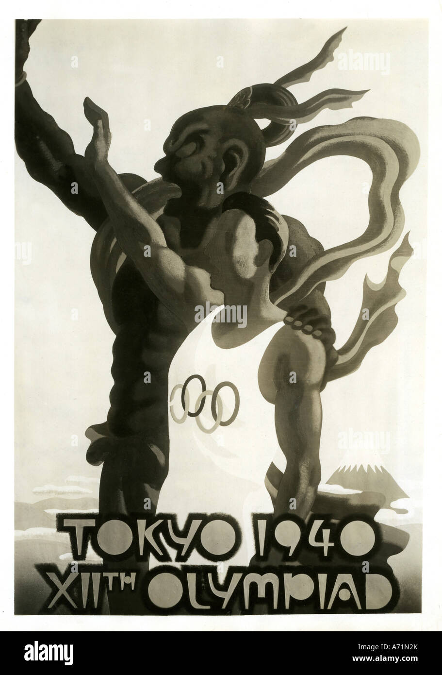 sport/sports, XII Olympic Games, 1940s, poster, for the Olympic Games in Tokyo City, which was cancelled, due to war, 1940s, 40s, historic, historical, advertising, ad, Japan, 20th century, people, Stock Photo