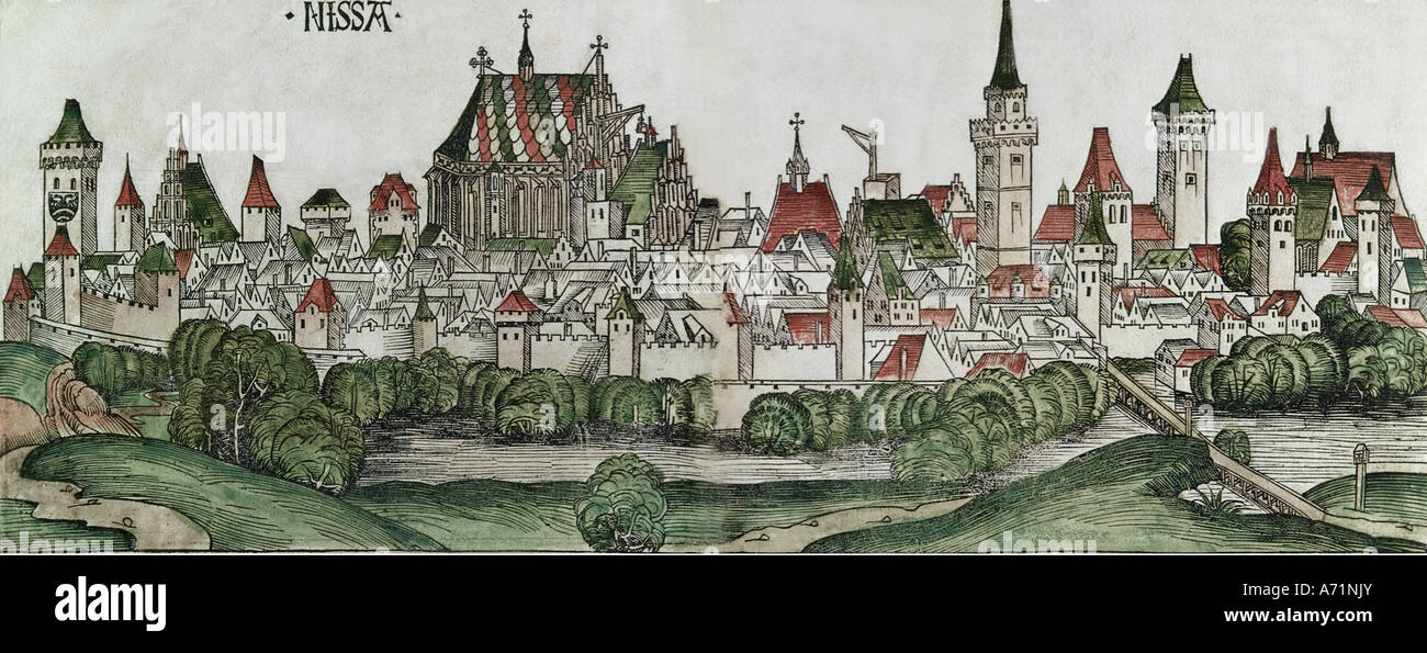 geography / travel, Poland, Nysa, city views / cityscapes, coloured woodcut, World Chronicle of Hartmann Schedel, Nuremberg 1493, Artist's Copyright has not to be cleared Stock Photo