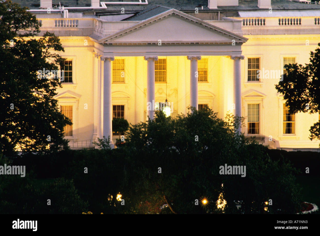 The White House, Washington DC at night elevated north portico view.  Residence of President of the United States. Landmark historic building. USA Stock Photo
