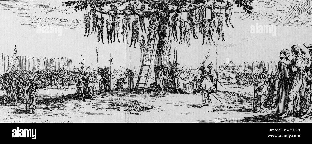 events, Thirty Years War 1618 - 1648, atrocities, military punishment, hanging, engraving by Jacques Callot 1633, 'Les Miseres et les Malheurs da la Guerre', execution, justice, tree, 17th century, , Stock Photo