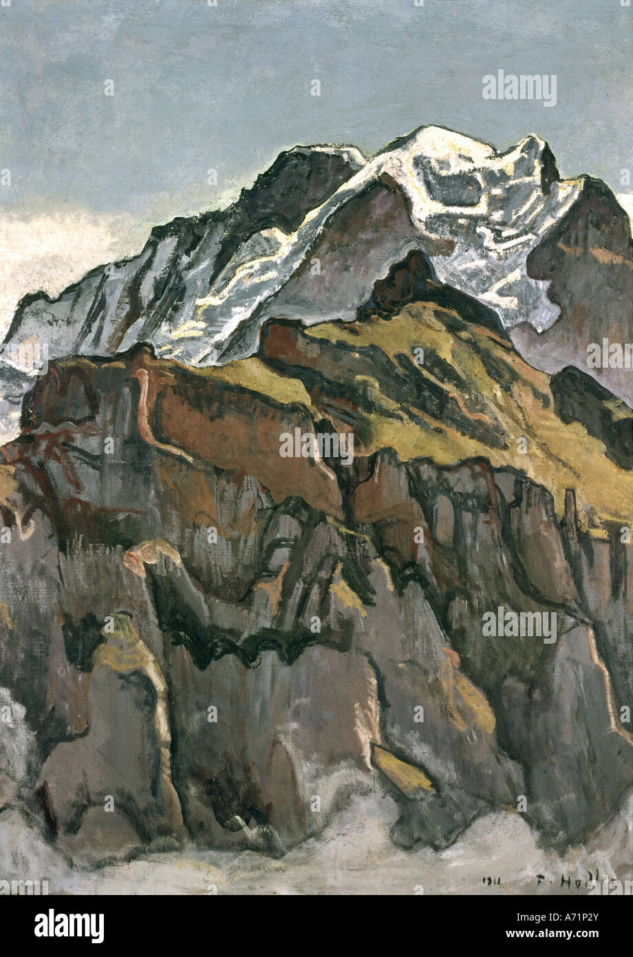 'fine arts, Hodler, Ferdinand, (1853 - 1918), painting, 'Die Jungfrau von Mürren aus', ('Jungfrau mountain seen from Mürren' Stock Photo