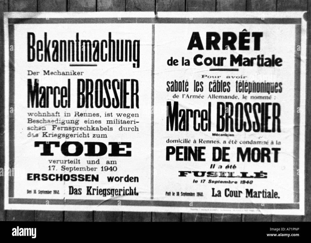 events, Second World War / WWII, France, German occupation 1940 - 1944, bulletin announcing the death sentence against Marcel Brossier because of sabotage, Rennes 17.9.1940, German court-martial, military justice, poster, Germany, Third Reich, 20th century, historic, historical, Bretagne, 1940s, Stock Photo