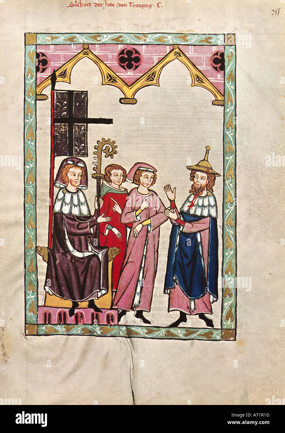 fine arts, middle ages, Gothic, illumination, Codex Manesse, Zurich, 1305 - 1340, Süßkind von Trimberg, covering colour on vellu Stock Photo