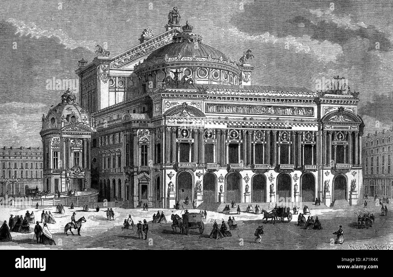 geography / travel, France, Paris, buildings, Opera National de Paris, 'Palais Garnier', built 1862 - 1875, by Charles Jean Louis Garnier (1825 - 1898), exterior view, engraving, by Felix Thorigny (1824 - 1870), 19th century, Stock Photo