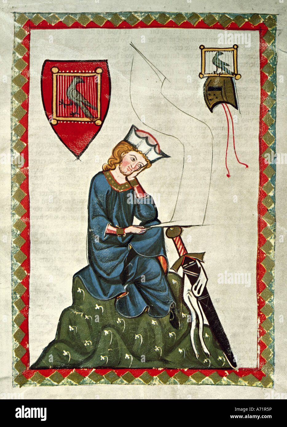 fine arts, middle ages, Gothic, illumination, Codex Manesse, Zurich, 1305 - 1340, Walther von der Vogelweide (circa 1160 - circa Stock Photo