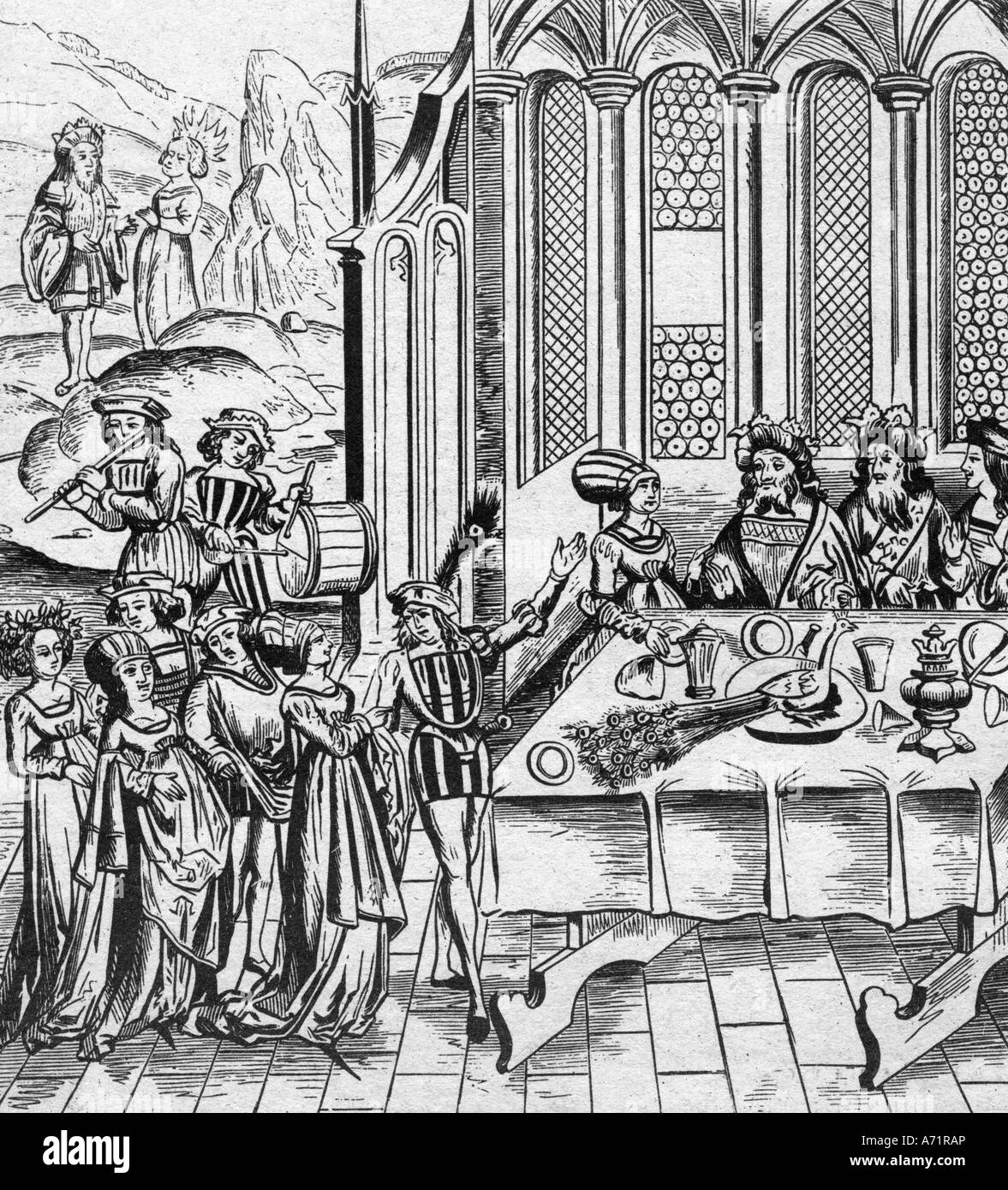 gastronomy meals, courteous meal, woodcut to a edition de luxe of Virgil, Lyon 1517, Stock Photo