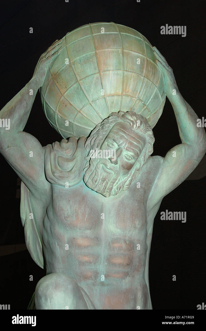 Statue of Atlas supporting the World, Museum of Natural History, London. Stock Photo