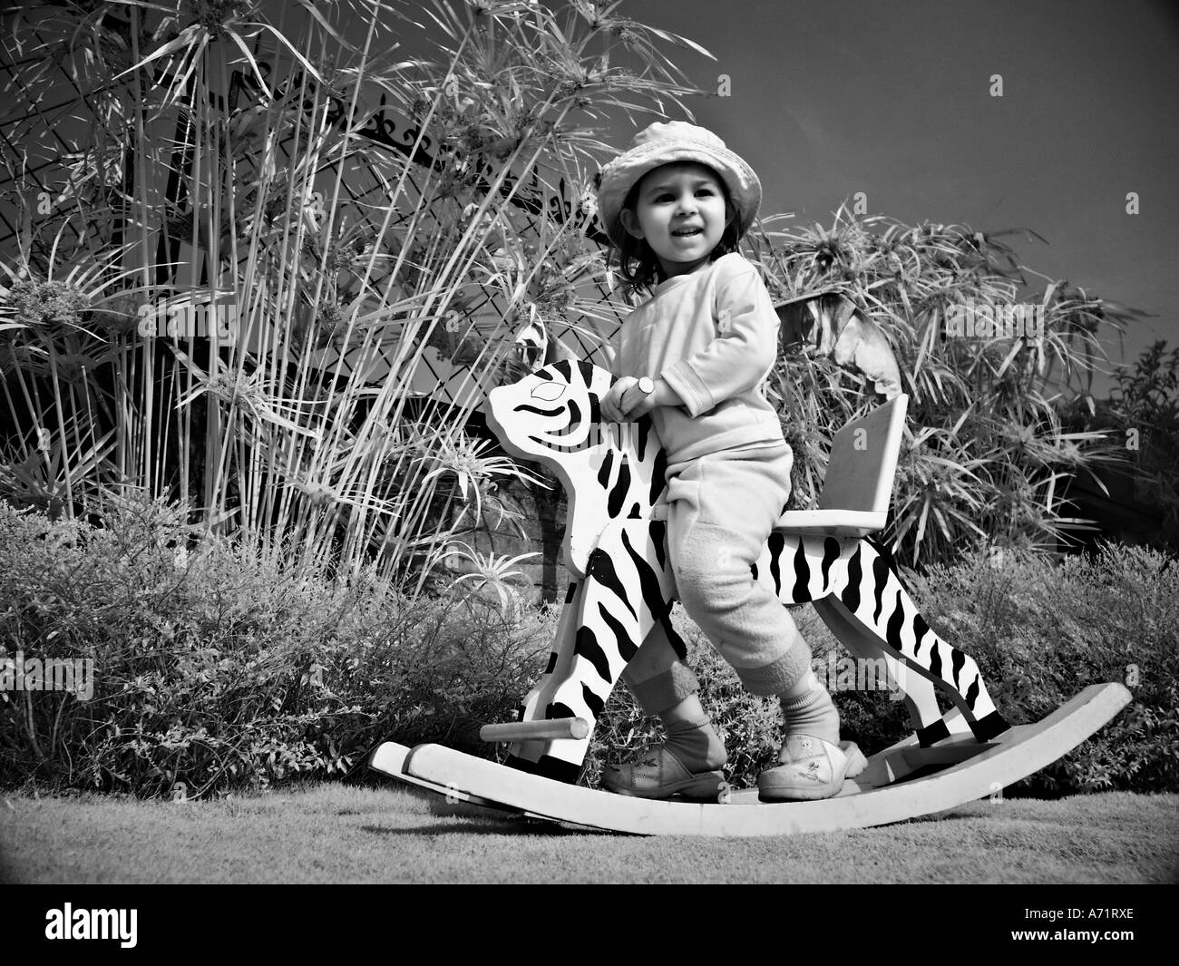 Pretty little girl on a tiger rocking horse Stock Photo