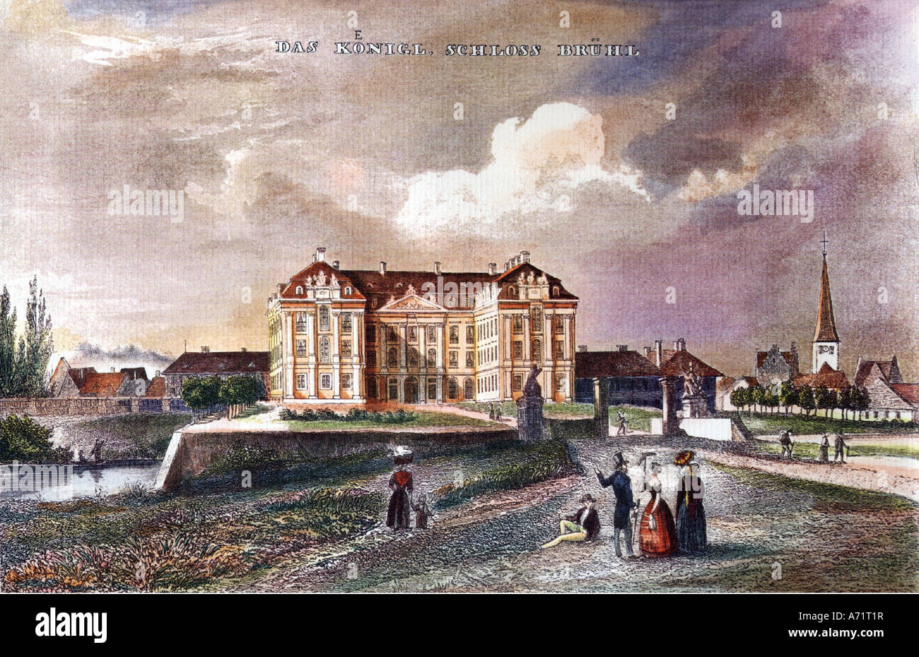 geography / travel, Germany, Brühl, castle Augustenburg, built 1288, redesigned 1725 - 1770, exterior view, coloured engraving by Georg Osterwald, 1841, historic, historical, 19th century, residence, Archbishop of cologne, renovation under Archbishop Clemens August von Bayern (Wittelsbach), architecture, later baroque, Rhineland, archbishopric, Bavaria, castles, Bruhl, Bruehl, Europe, UNESCO World Cultural Heritage Site, people, Stock Photo