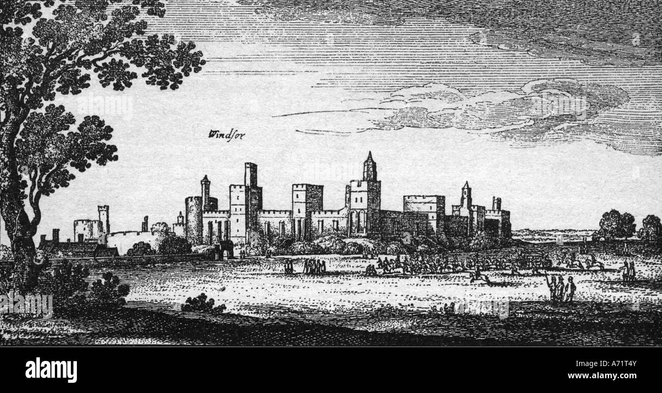 geography / travel, Great Britain, castles, Windsor Castle, exterior view, engraving by Wenzel Hollar, (1607 - 1677), historic, historical, Europe, 17th century, fort, residence of kings and queens of England since 12th century, fortress, people, Stock Photo