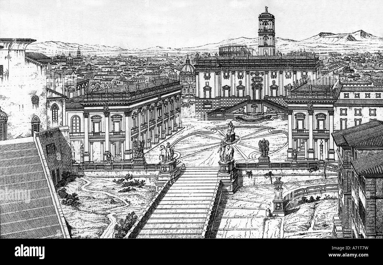 geography / travel, Italy, Rome, Capitol, Piazza del Campidoglio, Palazzo Nuovo, palace of senators, palace of conservators, early 17th century, engraving after drawing by Letarouilly, 19th century, historic, historical, Europe, architecture, renaissance, built in 1603, Stock Photo
