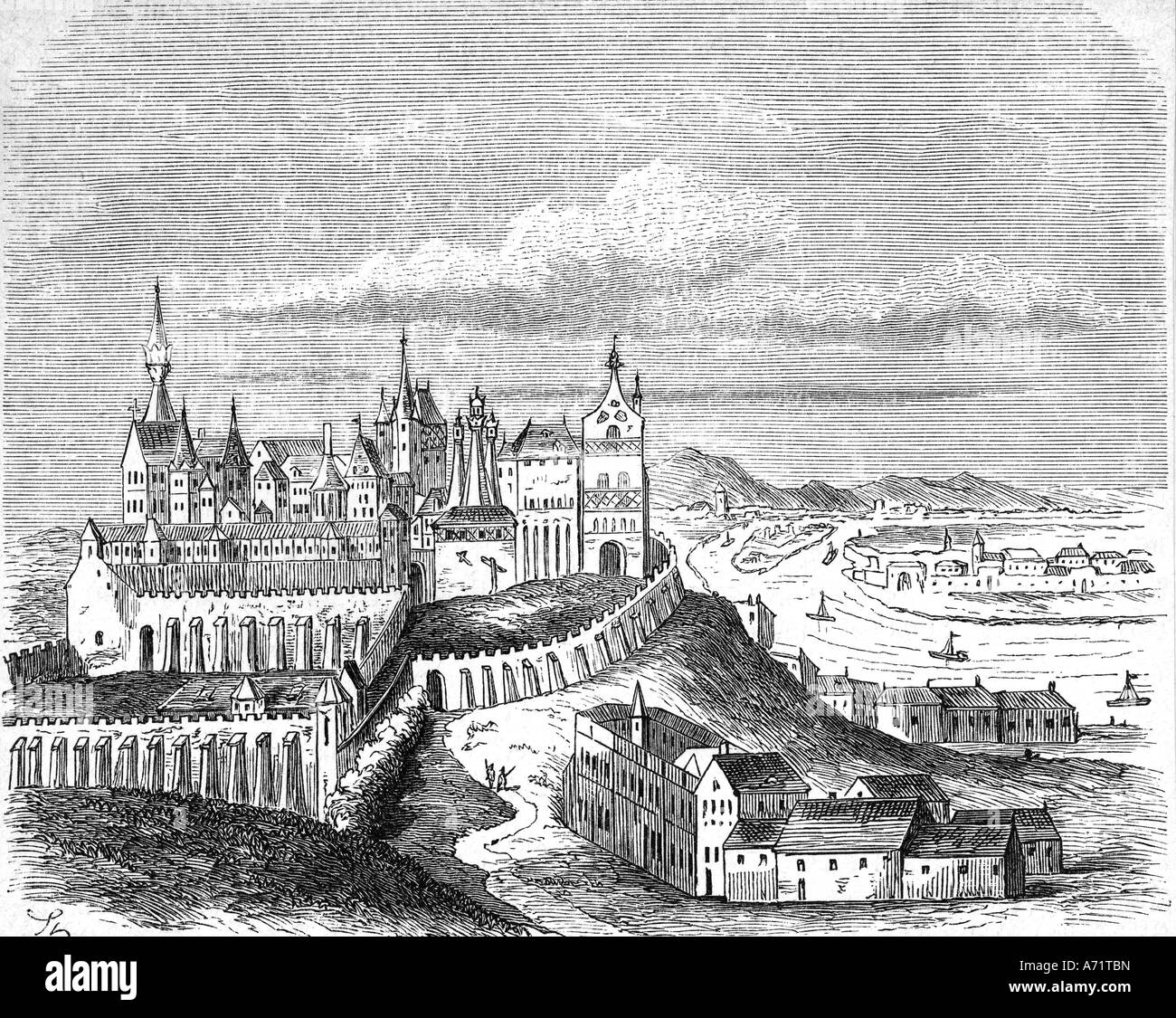 geography / travel, Hungary, Budapest, Buda, castle, late 16th century, exterior view, History painting, engraving after manuscript of Bibliothece Corviniana, 19th century, historic, historical, Europe, fortress, capital, in ownership of turkey, 1541 - 1686, Stock Photo