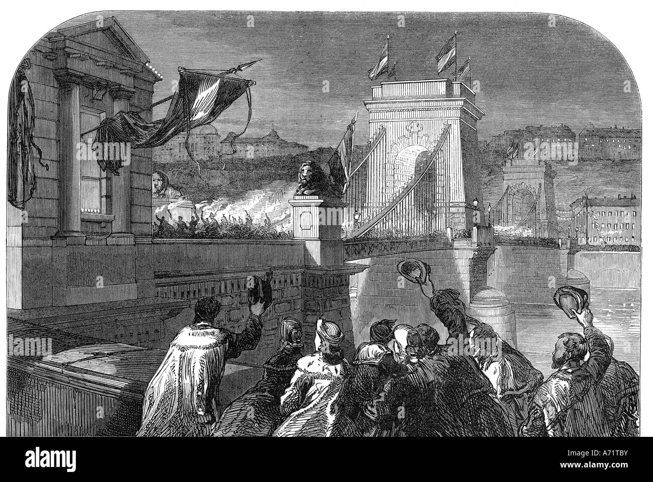 geography / travel, Hungary, Budapest, bridges, Emperor Franz Joseph visiting chain bridge, engraving, illustrated by London News, 13.1.1866, historic, historical, 19th century, Europe, architecture, suspension bridge, built by William Thierney Clark 1840 - 1849, river, Danube, Dual Monarchy, Austro-Hungarian Empire, Austria-Hungary, King of Hungary, Habsburg, flags, festive, jubilation, crowd, people, enthusiasm, hat, waving with hats, Stock Photo