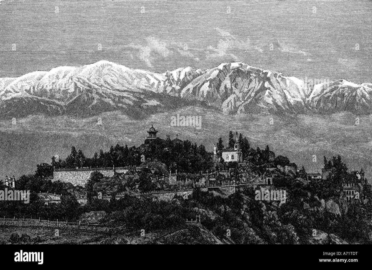 geography / travel, Chile, Santiago, illustration after photography, 19th century, historic, historical, South America, Cordillere, snowcovered mountains, Stock Photo