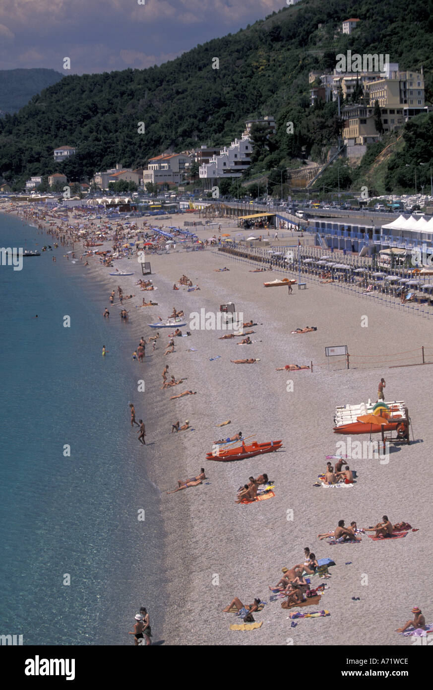 Europe, Italy, Liguria, Spotorno, Riviera di Ponente, Town and beach view Stock Photo