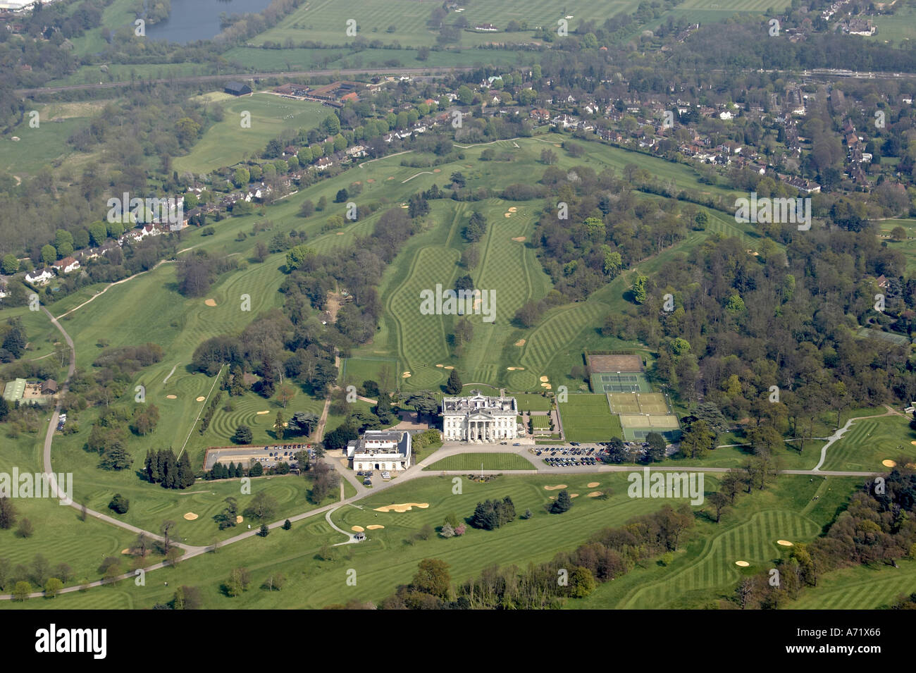 Aerial high level oblique view of Moor Park and Golf Course near