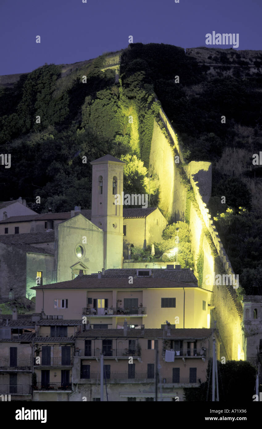 Europe, Italy, Tuscany, Porto Ercole, Evening view of La Rocca Stock Photo