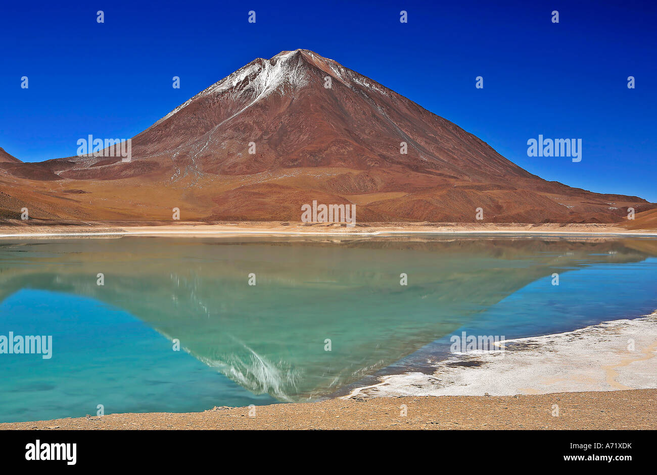Volcano Licancabur Laguna Verde Green Lagoon Bolivia Stock Photo