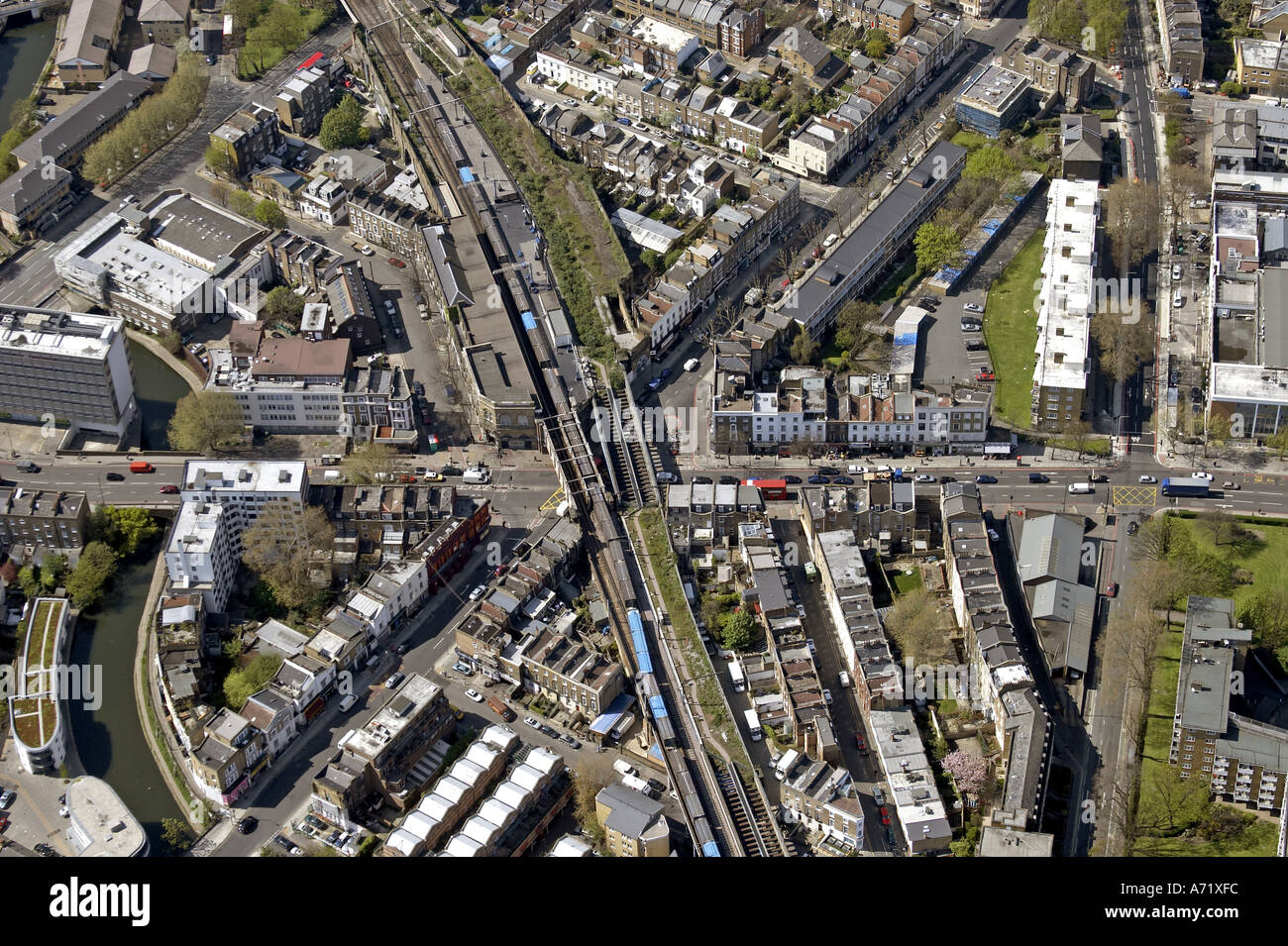 Aerial high level oblique view north of Camden Road Station Royal