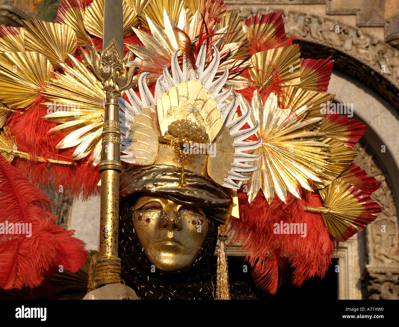 man dressed as Aztec warrior at Venice carnival Stock Photo